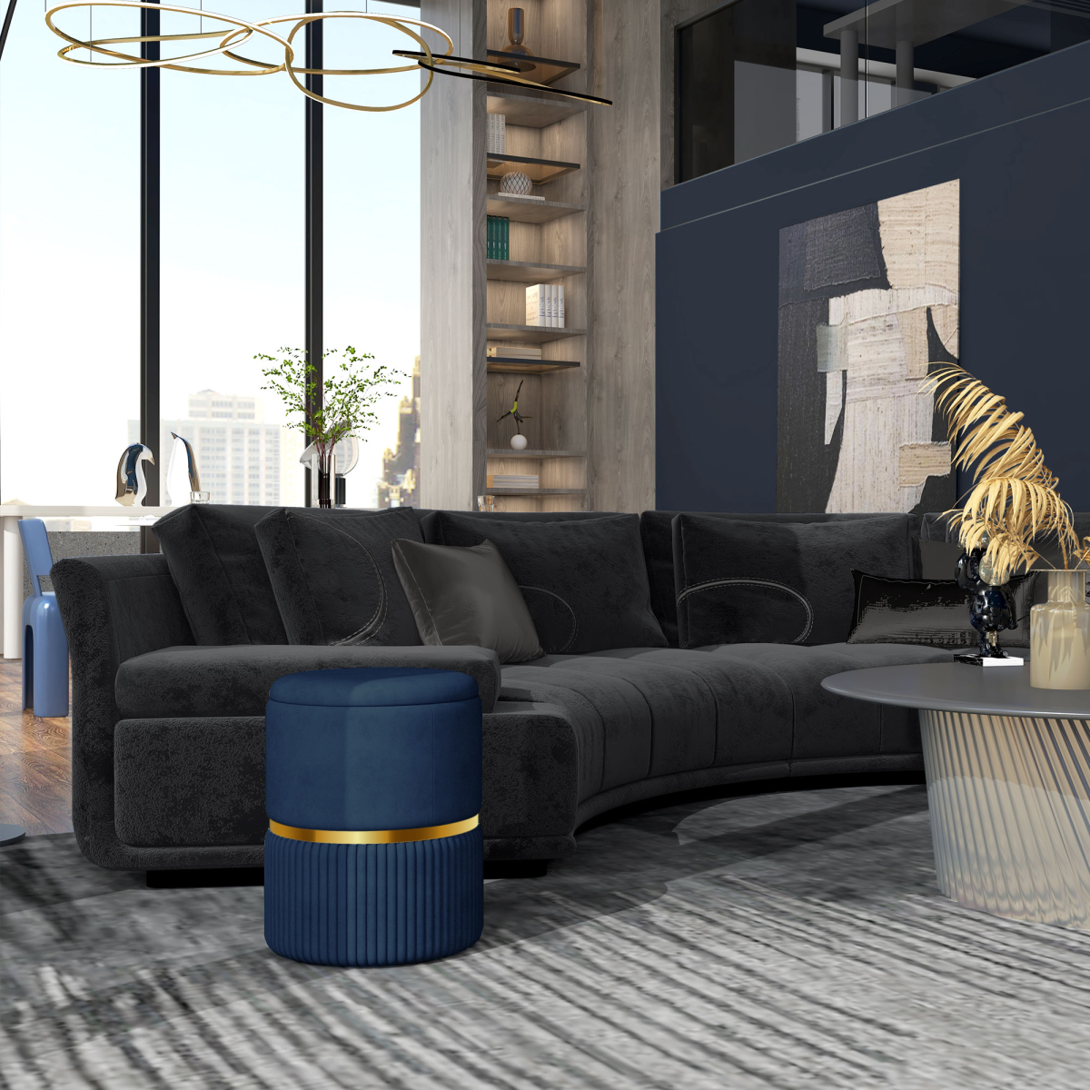 HOMCOM Round Pouffe with Fluted Design, Gold Tone Accents & Hidden Storage – Footstool, Dark Blue