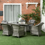 Outsunny 7-Piece Rattan Garden Dining Set with Tempered Glass Table, Umbrella Hole & Cushioned Armchairs