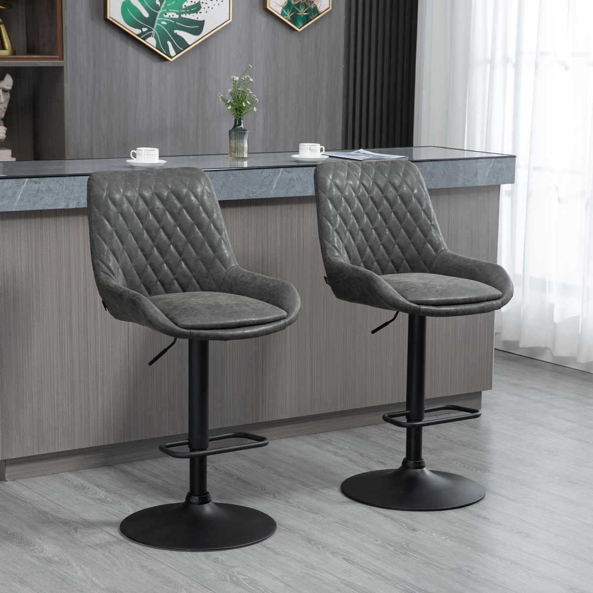 HOMCOM Set of 2 Adjustable 360° Swivel Bar Chairs with Footrest – Kitchen Island Seating, Grey