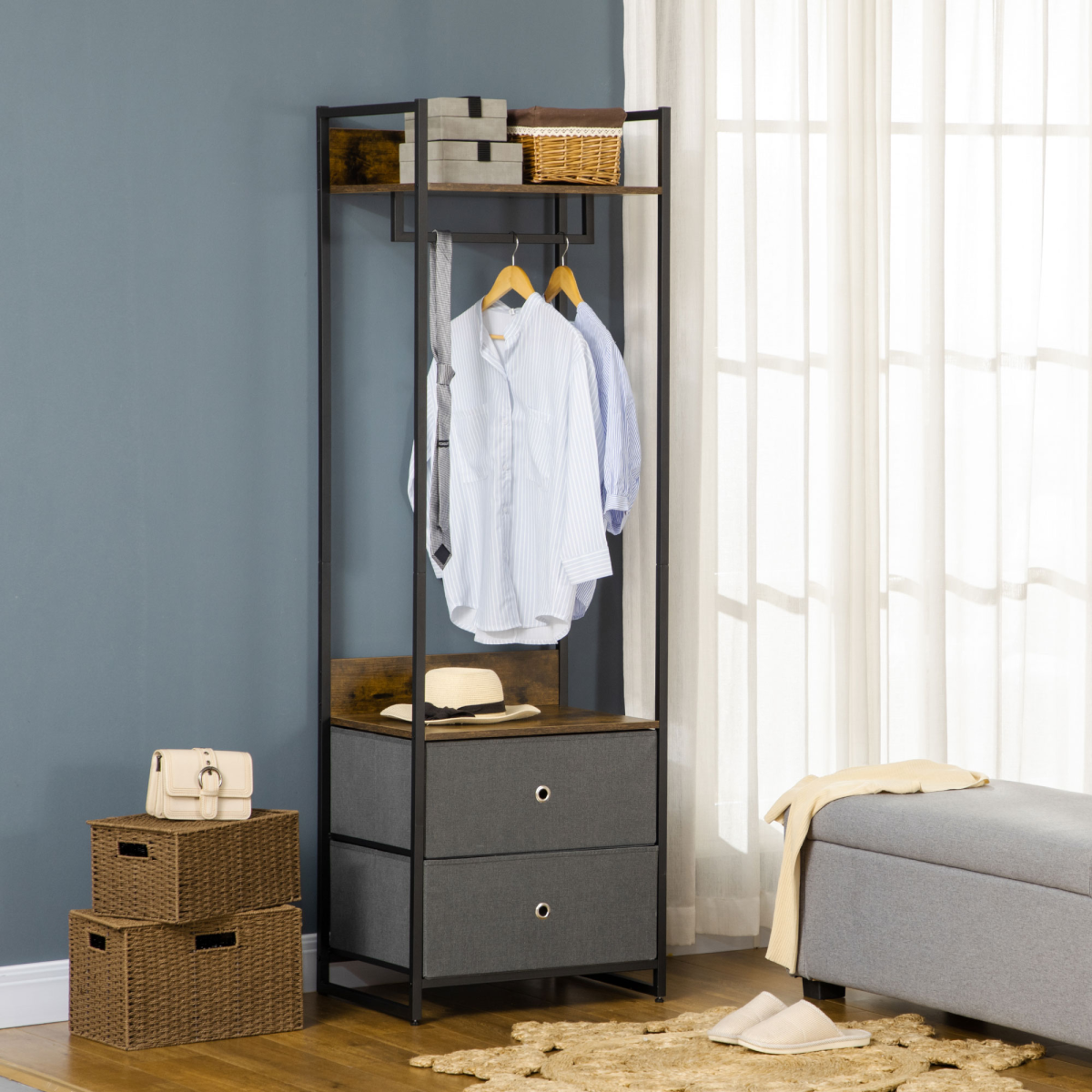 Industrial Clothes Rail with 2 Fabric Drawers & Top Shelf – Open Wardrobe Storage, Rustic Brown