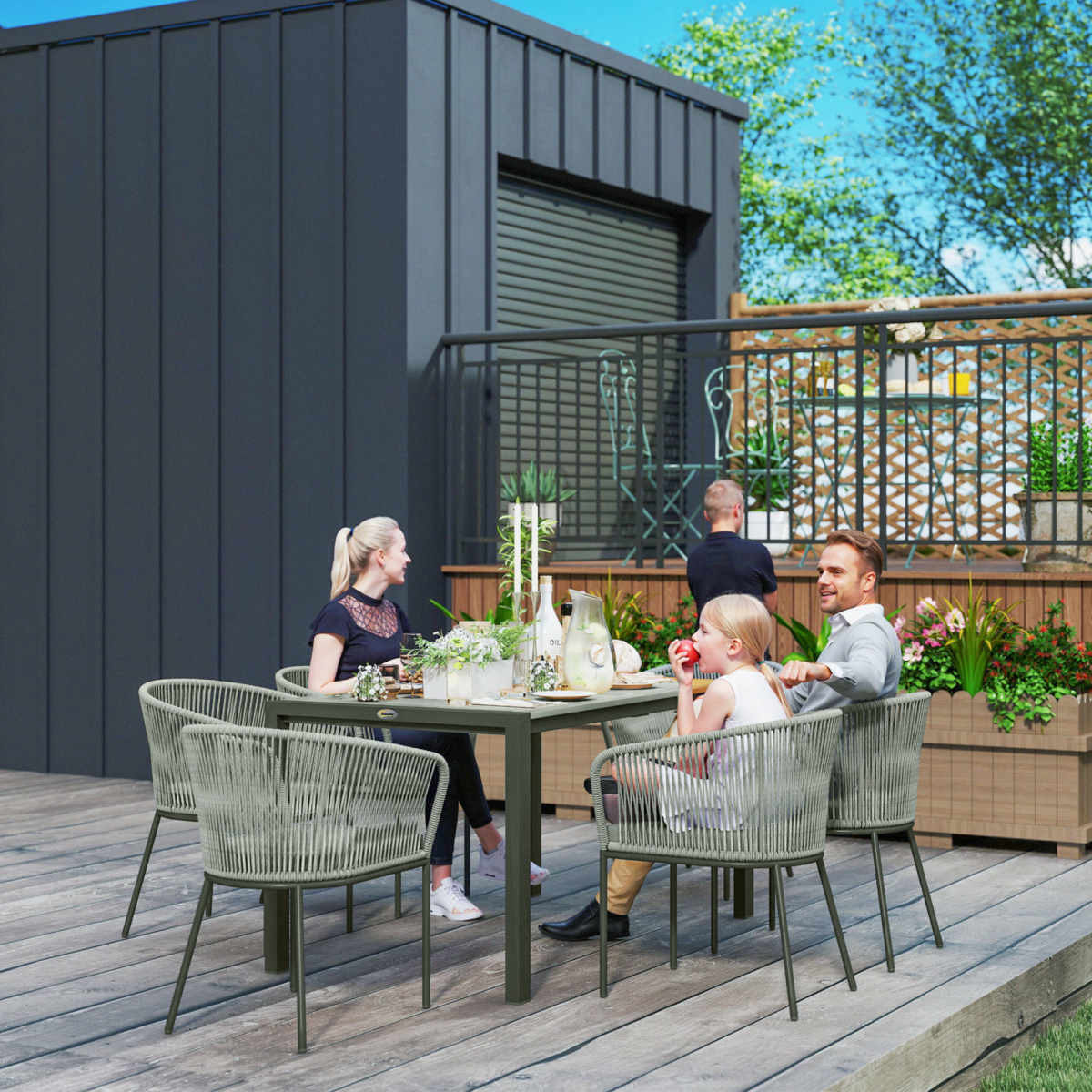 Outsunny 6-Seater PE Rattan Garden Dining Set with Acacia Wood Table & Cushions – Outdoor Furniture, Grey