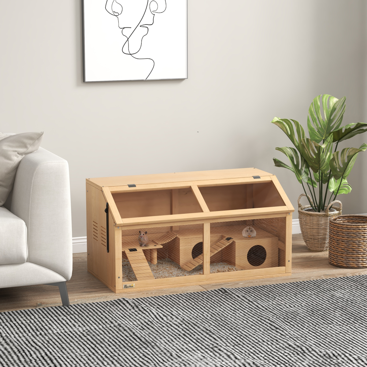 PawHut Wooden Hamster Cage for Gerbils with Suspension Bridge, Ladders, Platform & Hut – Natural Wood