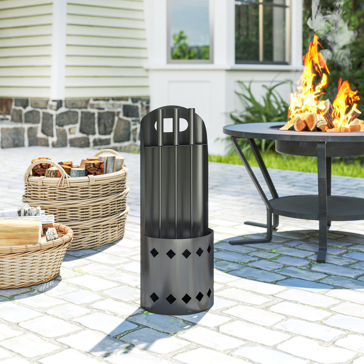 Outsunny 4 Piece Fireplace Companion Set with Broom, Shovel, Poker & Bucket – Powder-Coated Metal, Black