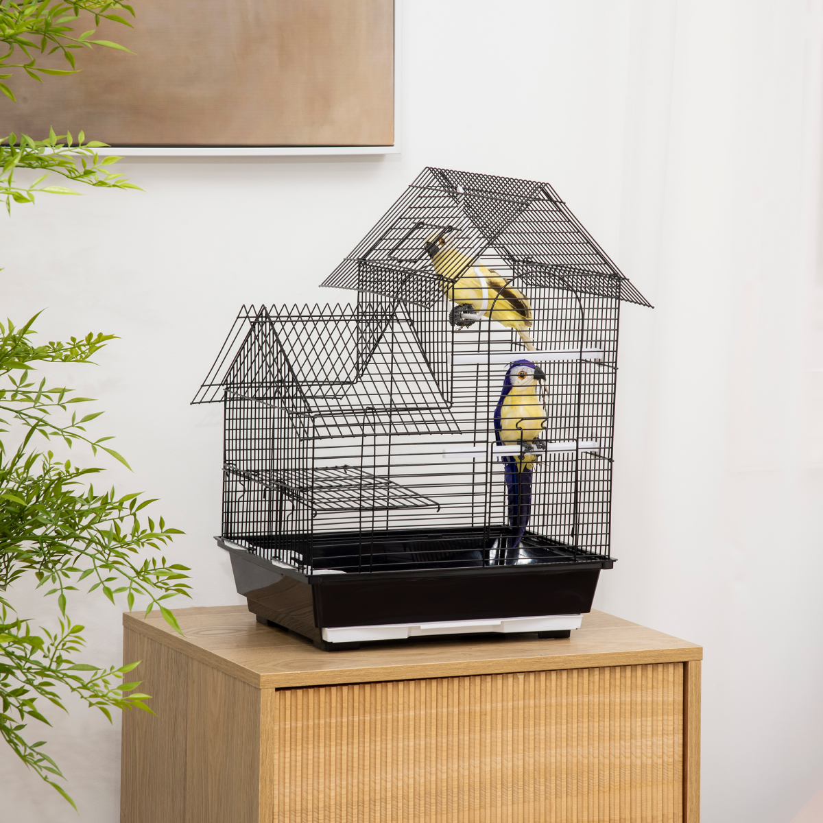 PawHut Metal Bird Cage with Plastic Perch, Food Container, Swing Ring and Handle – Compact Cage, Black
