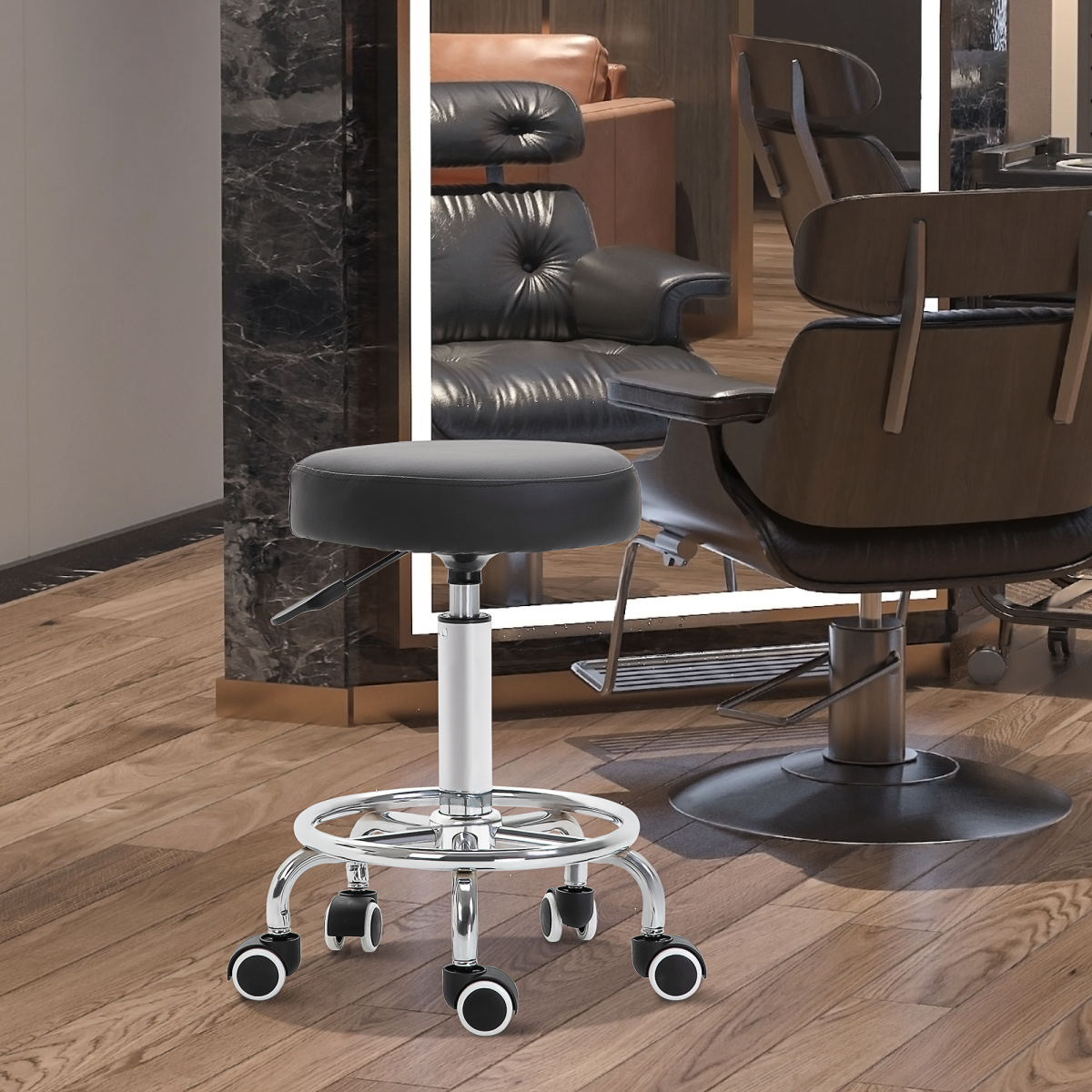 Outsunny Adjustable Salon Stool with PU Leather Seat and Footrest – Backless Saddle Stool on 5 Castors
