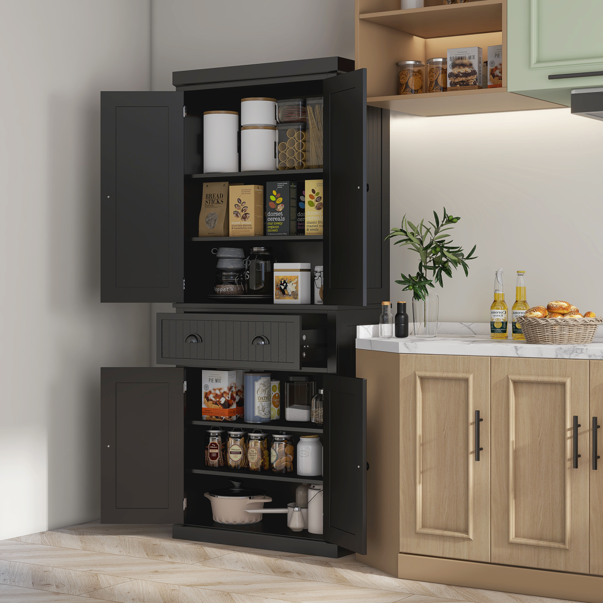 Freestanding Kitchen Storage Cabinet with Drawers, Cupboards & Adjustable Shelves – Open Appliance Space, Black