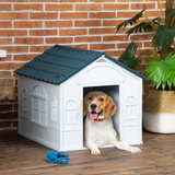 PawHut Weather-Resistant Plastic Dog House with Cottage Windows – Ventilated Shelter for Medium Dogs, Blue