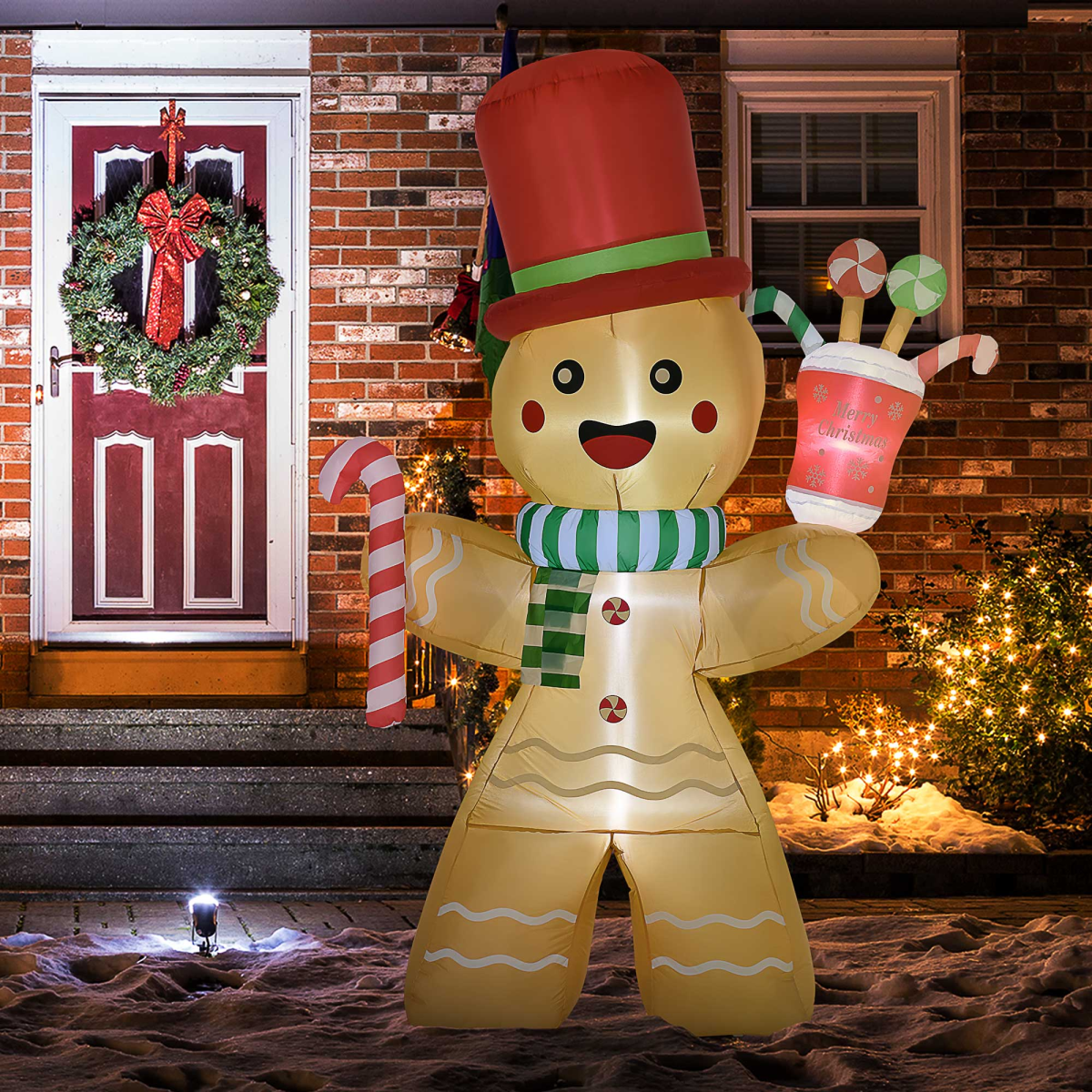 HOMCOM 7.5ft Christmas Inflatable Gingerbread Man with Candy Cane and LED Lights – Outdoor Garden Decor