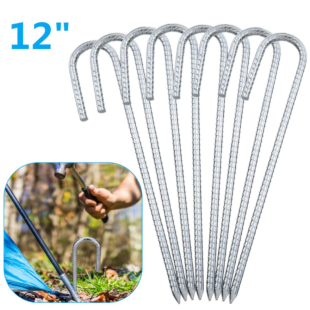 Heavy Duty J-Shaped Steel Ground Anchor Pegs, 8 Pack – 30cm Stakes for Trampolines, Tents and Gazebos, Silver
