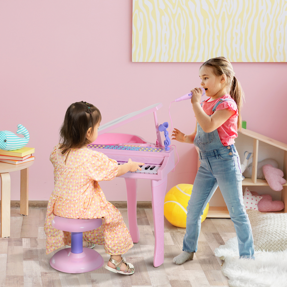 HOMCOM 37 Key Kids Electronic Mini Piano with Microphone & Stool – Musical Toy for Ages 3-6, Pink