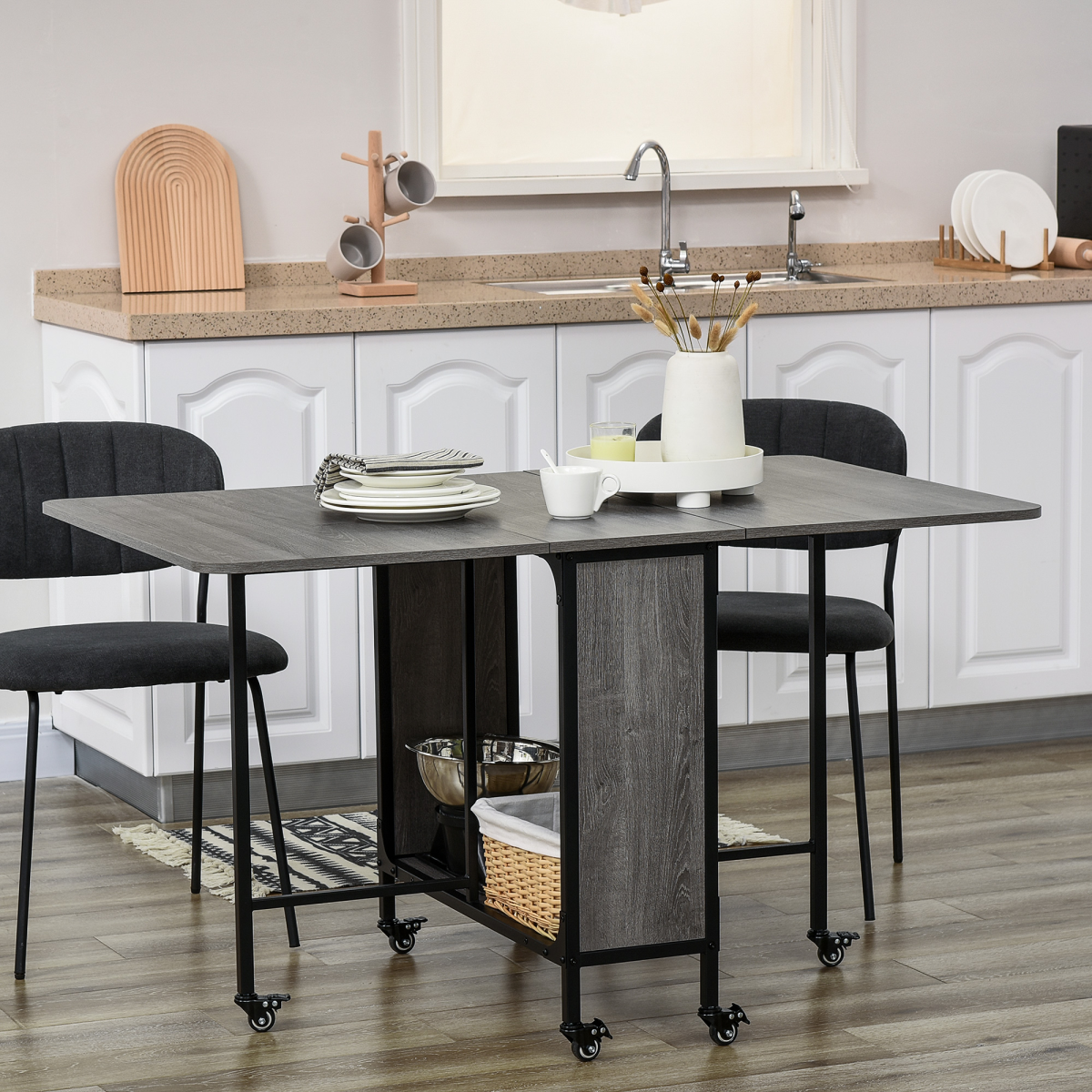 Mobile Drop Leaf Extendable Kitchen Table with Wheels – Space-Saving Dining Table, Seats up to 6