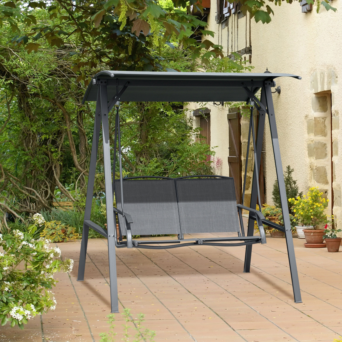 Outsunny 2-Seater Garden Swing Chair with Adjustable Tilting Canopy and Metal Frame – Patio Seat, Grey