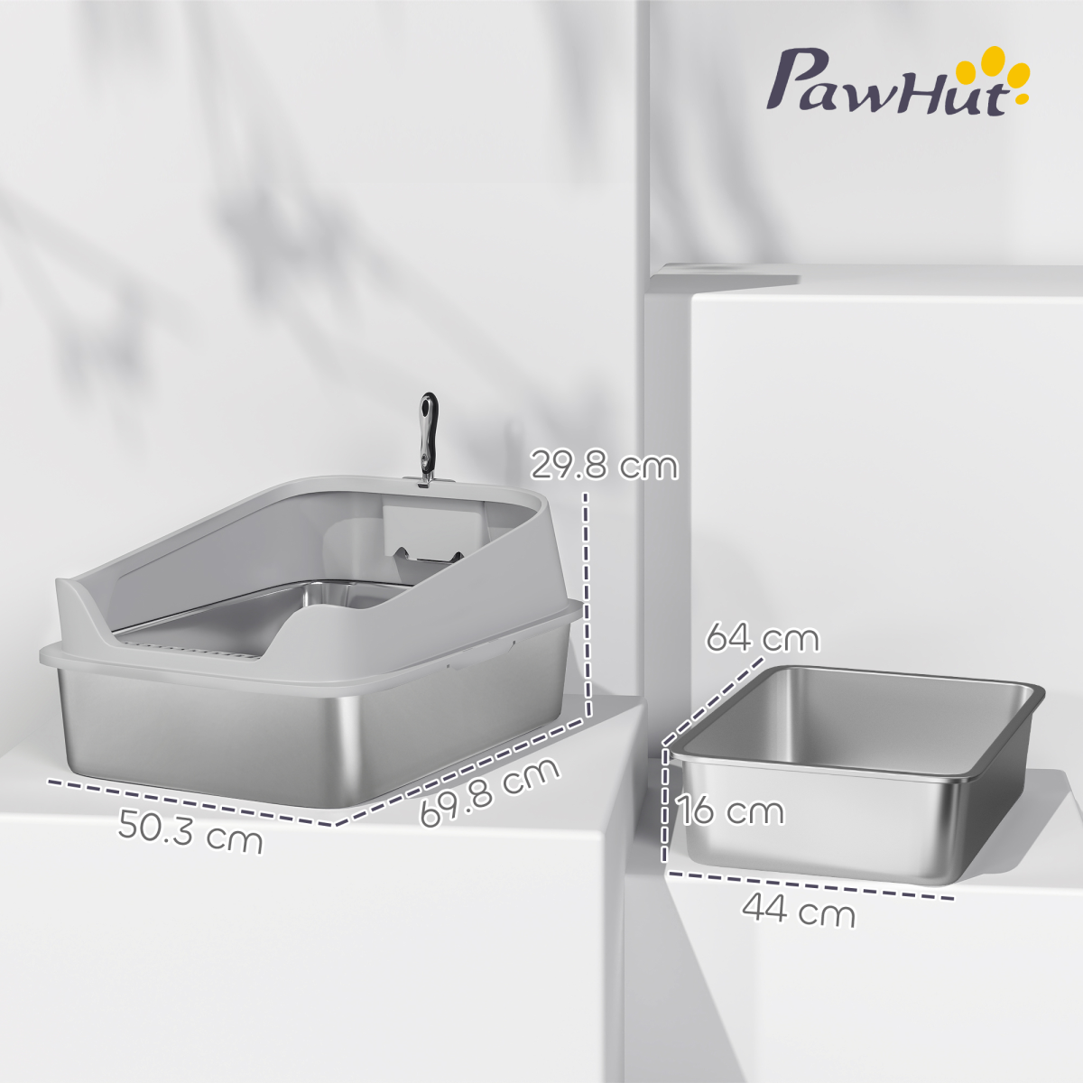 XXL Stainless Steel Cat Litter Box with Scoop, 14.8cm High Sides – Large Litter Tray for Cats up to 12kg & Multi-Cat Homes, Grey