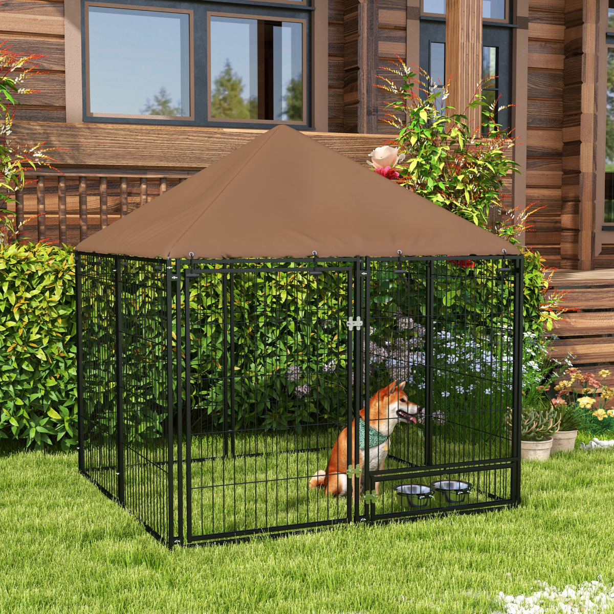 PawHut Outdoor Dog House Kennel with Canopy Top & Secure Lock, Rotating Bowl Holder – Black and Brown
