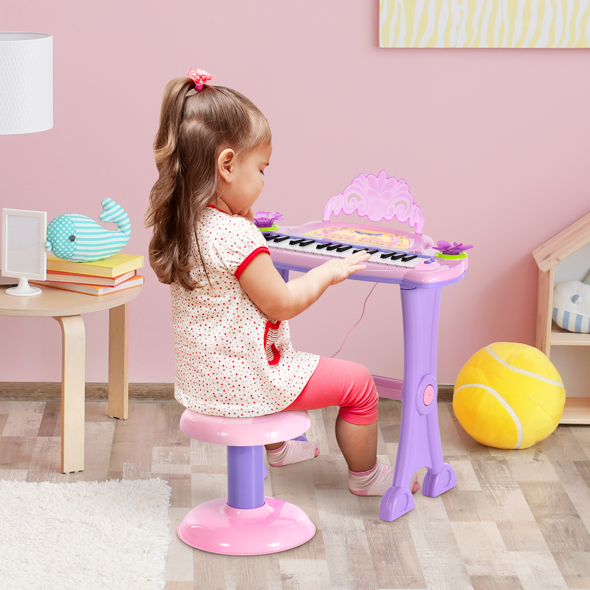 HOMCOM Kids 32-Key Electronic Keyboard with Microphone & Stool – Mini Organ Piano Toy for Ages 3-6