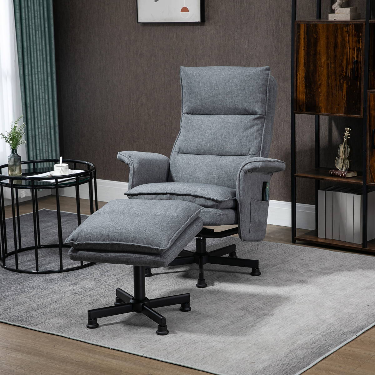 HOMCOM Swivel Recliner Chair with Footstool, 8-Point Massage & Remote Control – Linen-Look Armchair, Grey