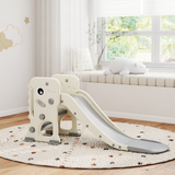 AIYAPLAY Foldable 3-in-1 Kids Slide with Climber and Basketball Hoop – Dinosaur Theme Playset, Cream White