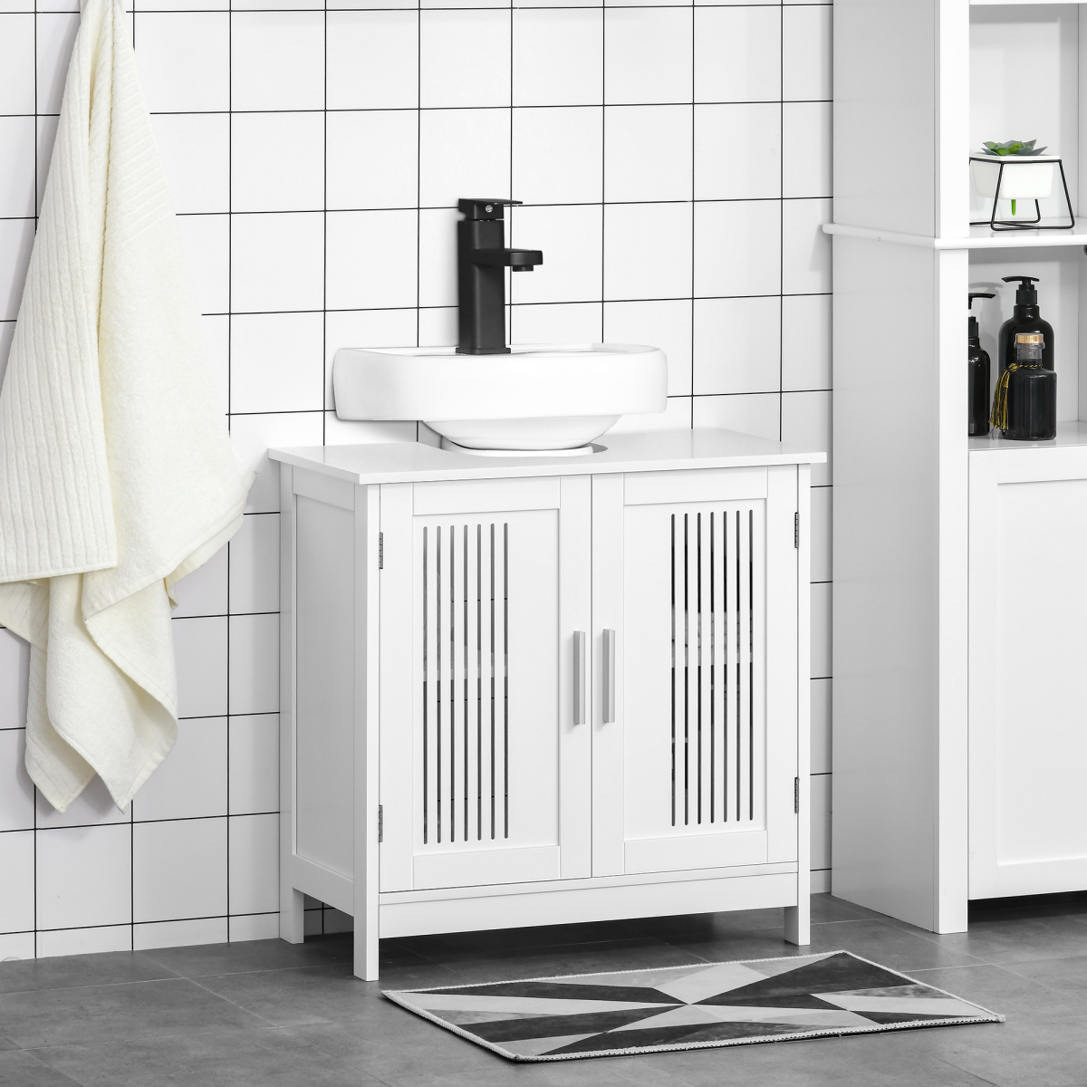 kleankin Under Sink Bathroom Cabinet with 2 Slatted Doors and Movable Shelf – Vanity Unit, White MDF