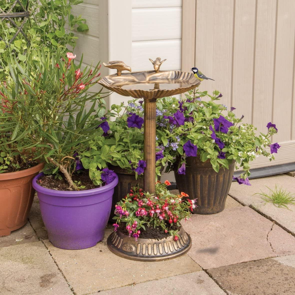 GardenKraft Clam Shell Bird Bath with Built-in Base Planter – Weatherproof Freestanding Garden Ornament