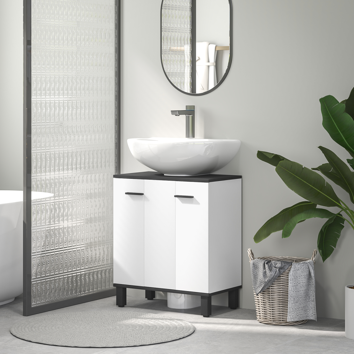 HOMCOM Bathroom Under Sink Cabinet with Adjustable Shelf and U-Shaped Cut-Out – Storage, High Gloss White