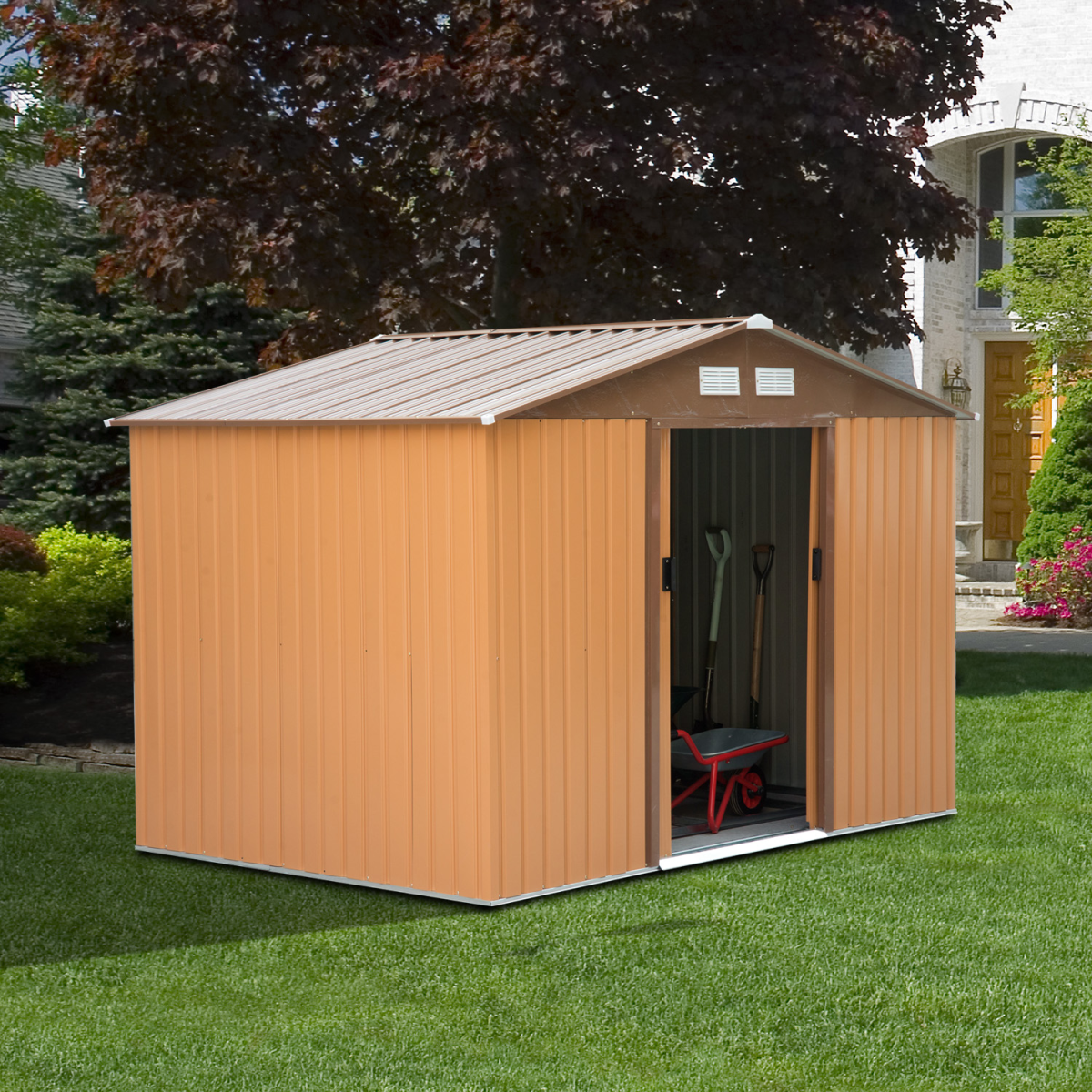 Outsunny 9 x 6ft Metal Garden Shed with Sliding Double Door & Ventilation – Khaki Outdoor Storage