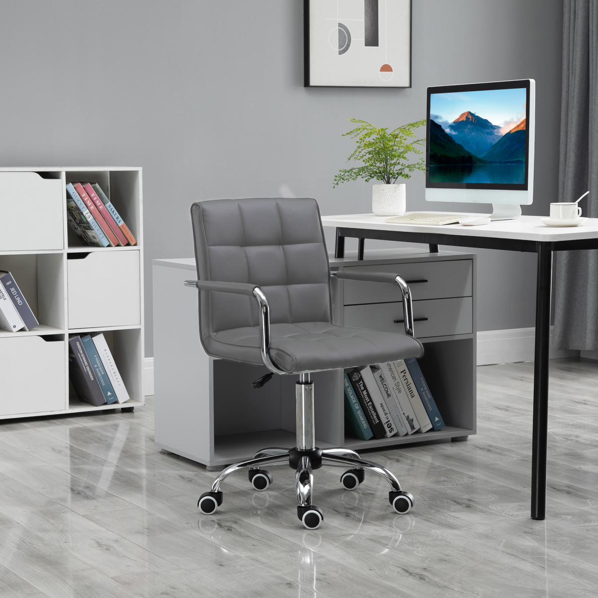 Vinsetto Mid Back PU Leather Office Chair with Armrests and Wheels – Height Adjustable Swivel Desk Chair, Grey