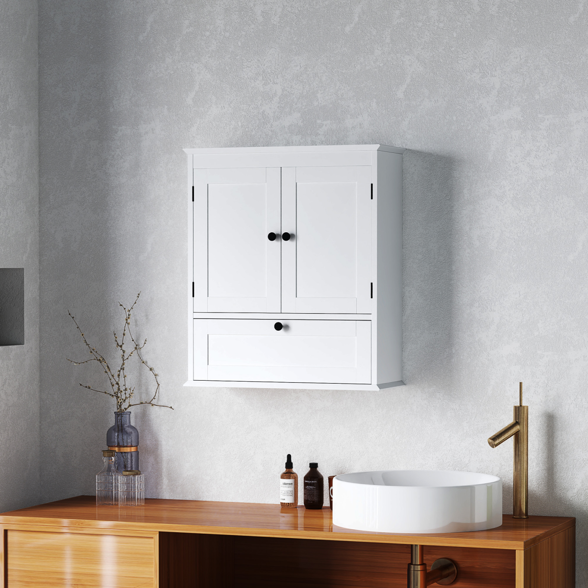 HOMCOM Wall Mounted Bathroom Cabinet with Adjustable Shelf and 3 Compartments – Space-Saving, White