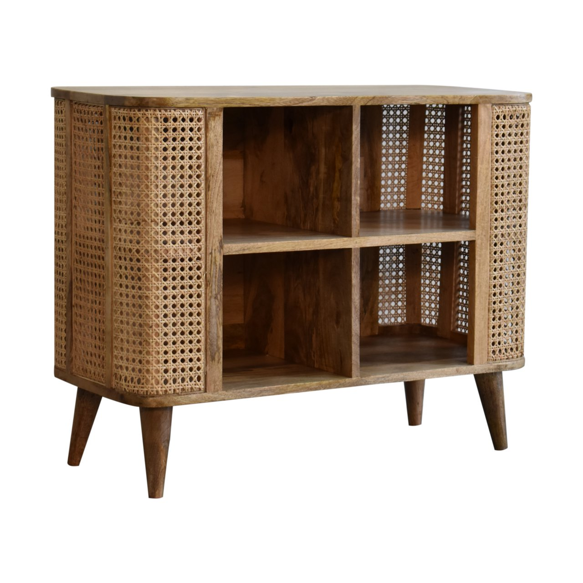 Artisan Furniture Solid Wood Larissa Open Double Cabinet with Rattan Design – 4 Shelves, Beige