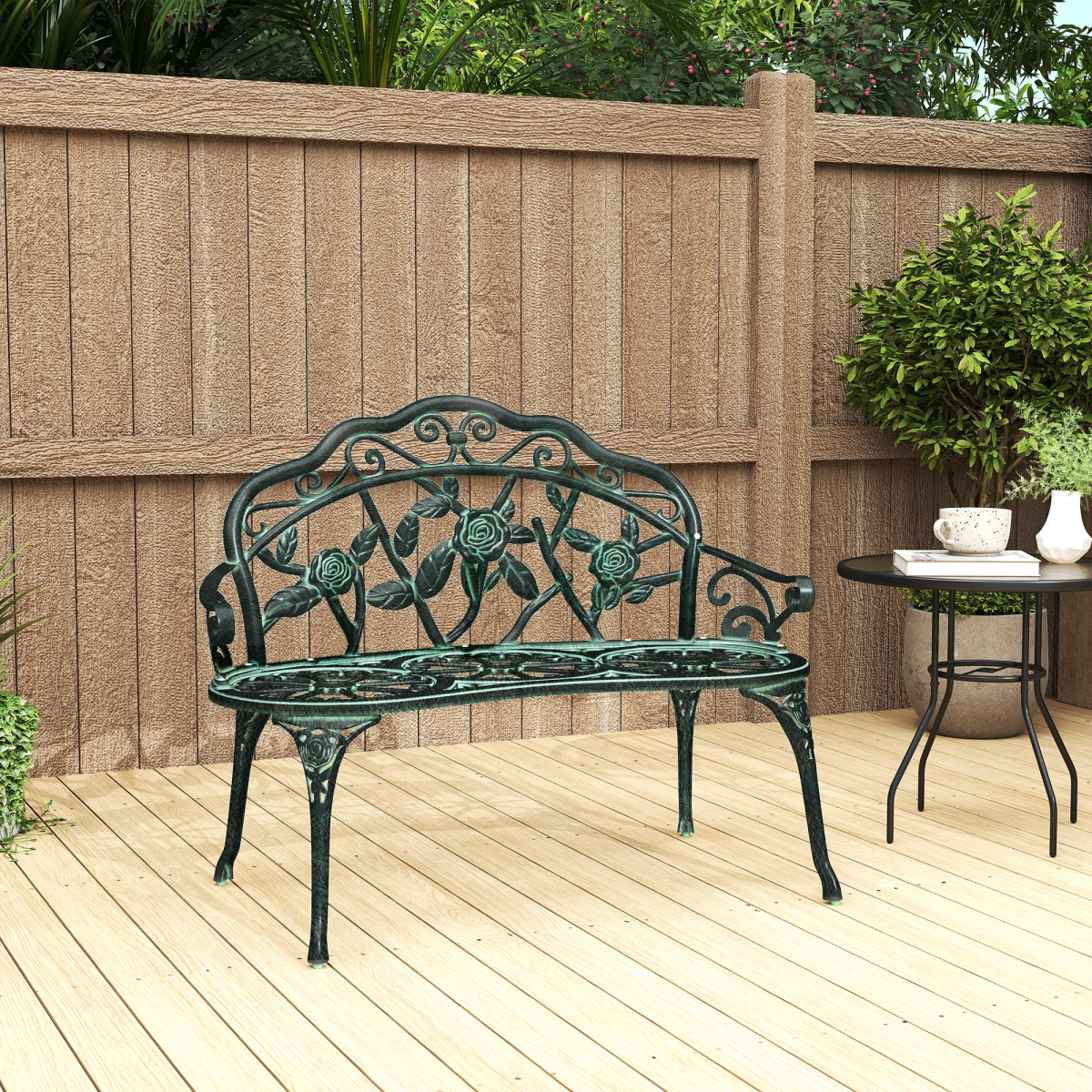 Outsunny Cast Aluminium Garden Bench with Rose Pattern & Curved Seat – Antique Verdigris Patio Chair