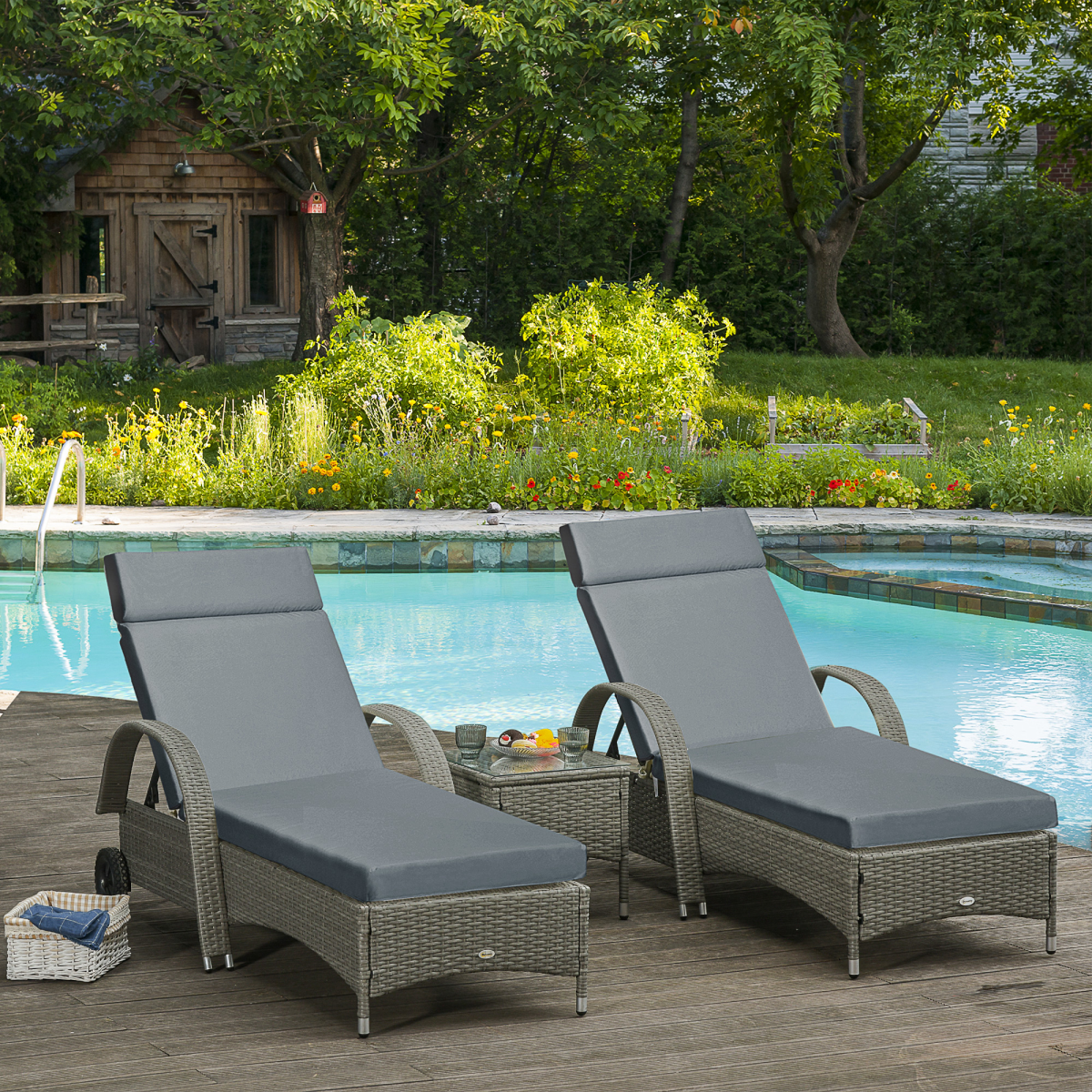 Outsunny Set of 2 Deep Seat Lounger Cushions with Corner Ties, Thick Cotton Filling – Outdoor Patio Cushions, Dark Grey