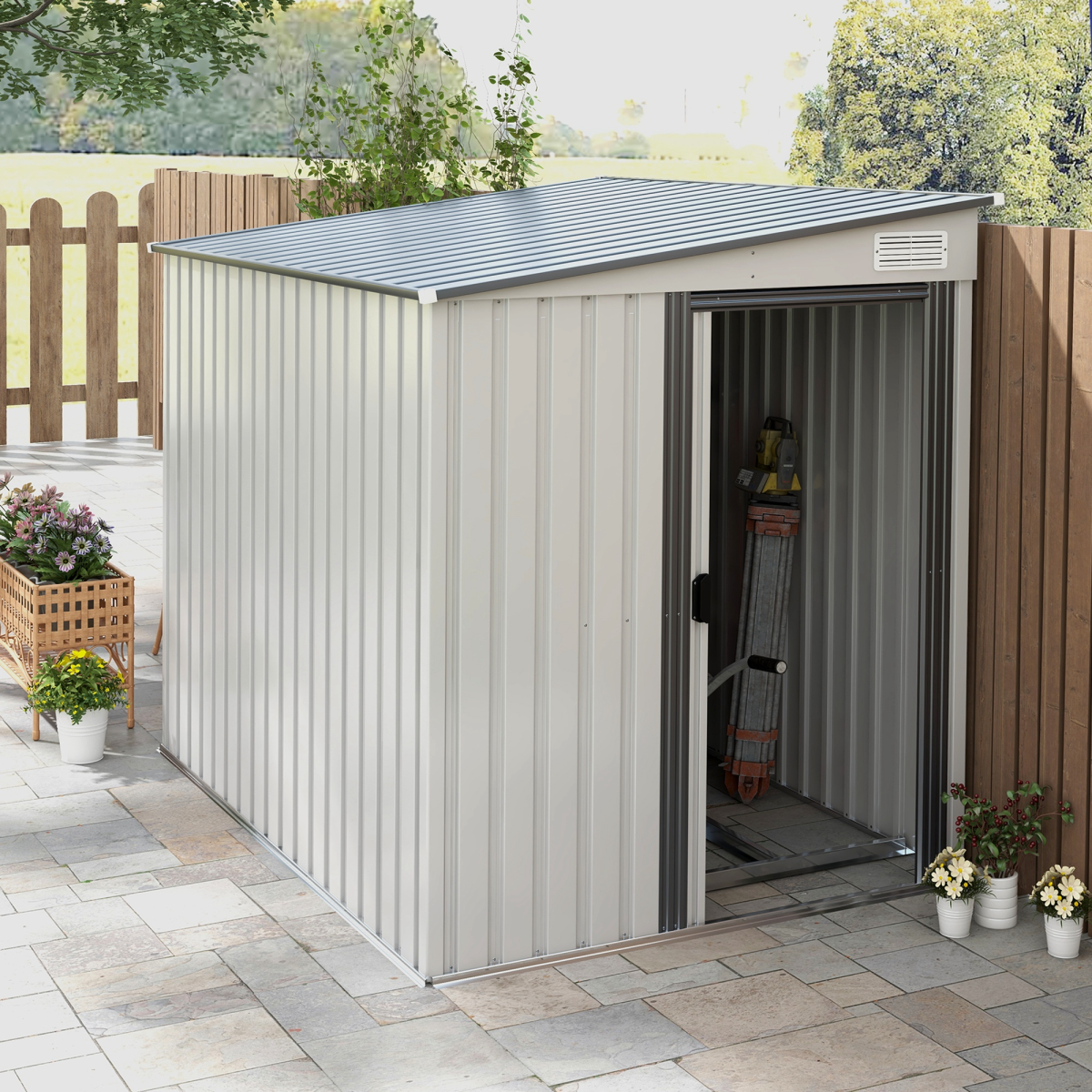 Outsunny 5 x 7ft Lean-To Metal Garden Shed with Foundation & Sliding Door – Tool and Bike Storage, White