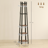 Industrial Coat Stand with 4 Shelves & 8 Triple Hooks – Slim Hallway Storage, Rustic Brown