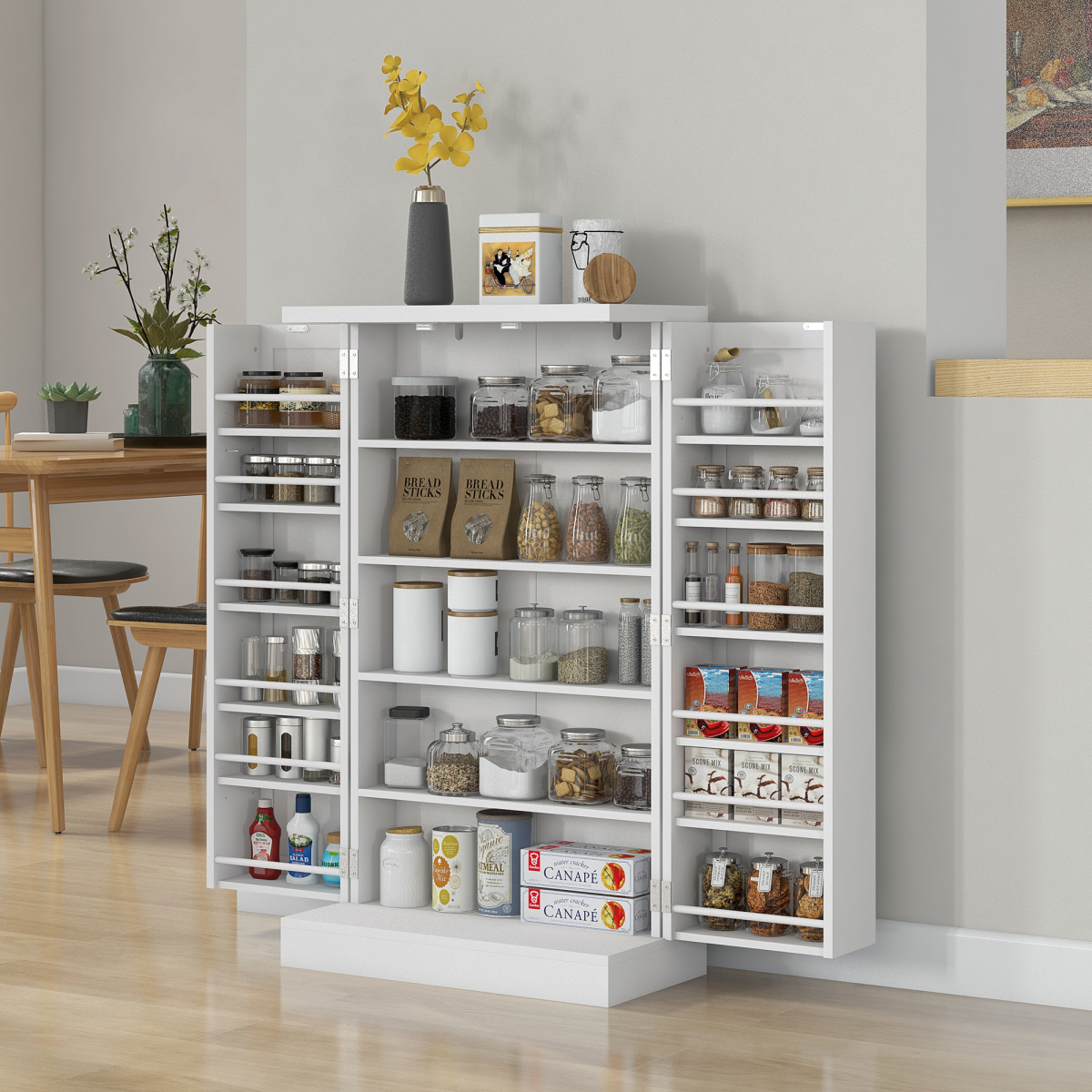 HOMCOM Kitchen Pantry Cupboard with Double Doors, 5-Tier Shelves & 12 Spice Racks – Adjustable Storage, White