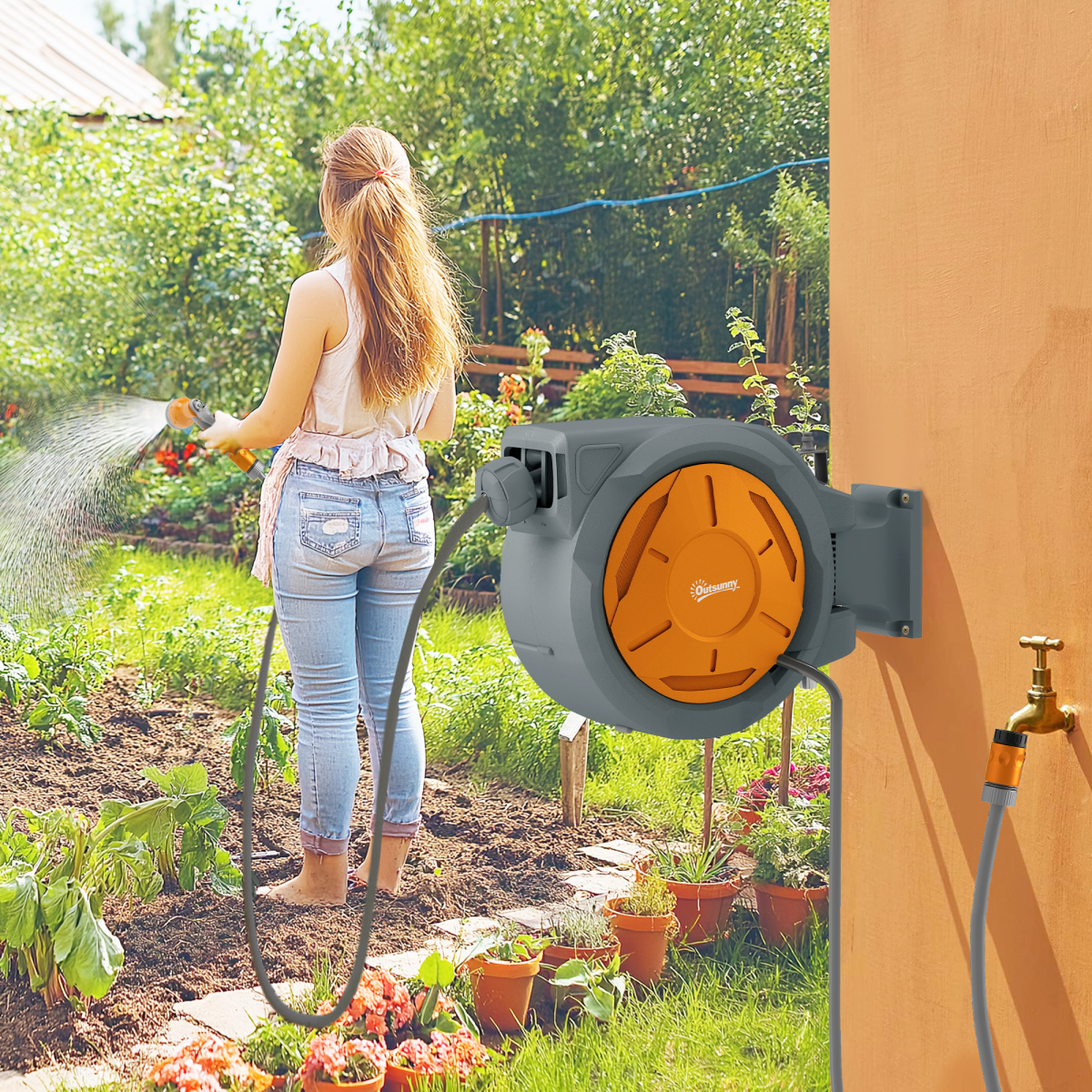 Outsunny 30m Retractable Garden Hose Reel with Lock, Wall Mounted – 7 Watering Patterns, Orange