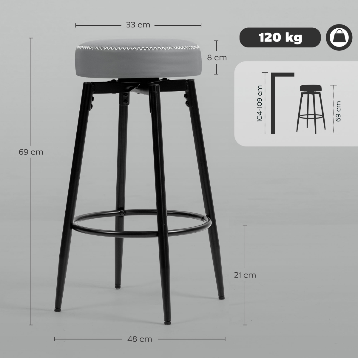 Set of 2 Swivel Bar Stools with Faux Leather Padded Seats & Footrests – Kitchen Counter Stools, Grey