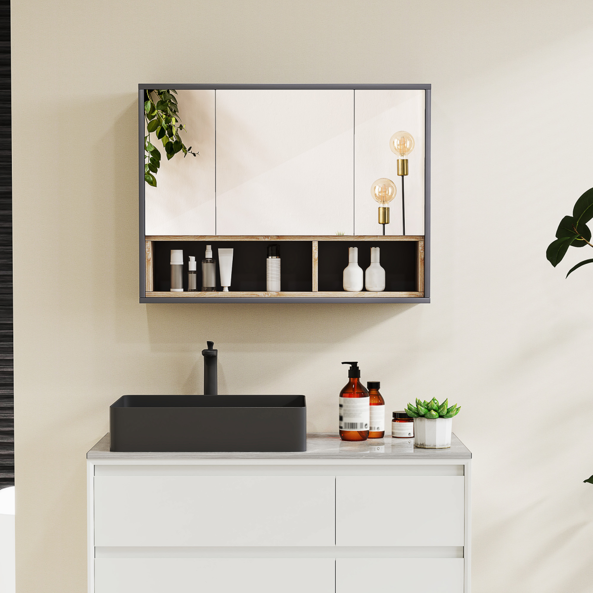 HOMCOM Wall-Mounted Bathroom Mirror Cabinet with Eight Compartments and Shelves, Grey