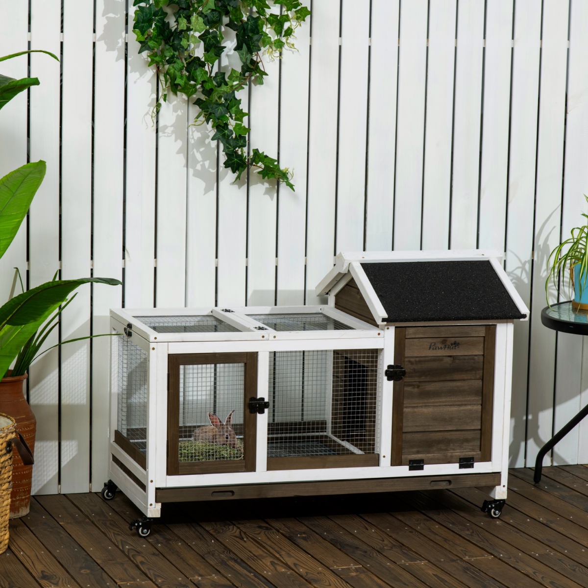 PawHut Wooden Rabbit Hutch with Slide-out Tray, Wheels, House & Run – Indoor & Outdoor Small Pet Cage