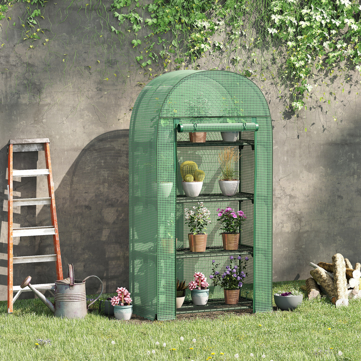 Outsunny Mini Greenhouse with Storage Shelf, UV-Resistant PE Cover & Roll-Up Door – Metal Frame, Green