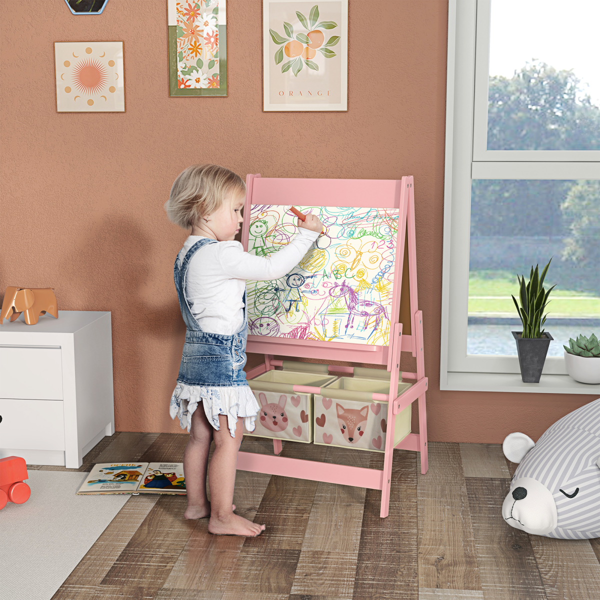 AIYAPLAY Kids Easel with Paper Roll, Blackboard, Whiteboard and Storage Baskets – 3-in-1 Art Easel, Pink