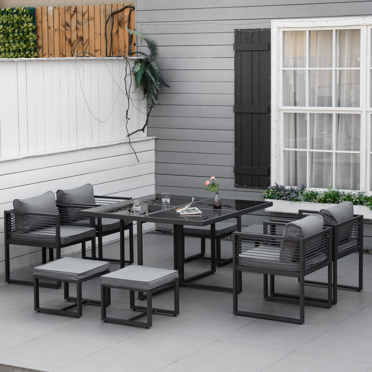 Outsunny 8-Seater Garden Dining Cube Set with Glass Table, 4 Armchairs & 4 Footstools – Cushioned, Grey