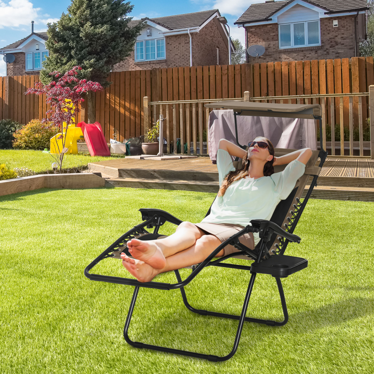 Outsunny Zero Gravity Lounger Chair with Canopy, Cup Holder Tray & Reclining Backrest – Patio Chair, Brown