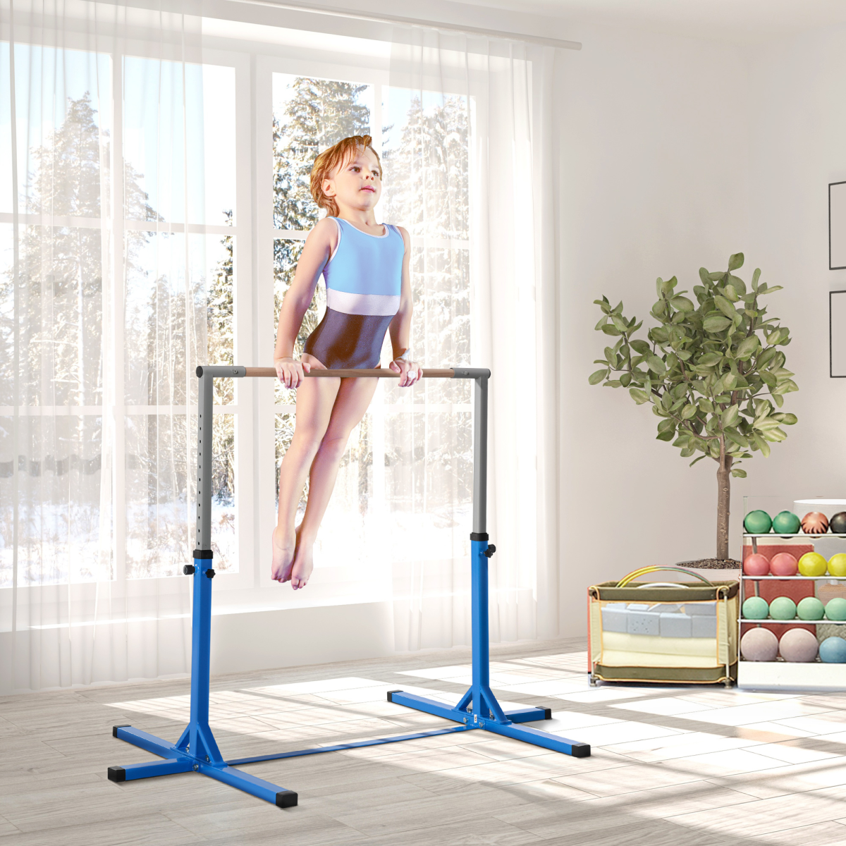 HOMCOM Adjustable Kids Gymnastics Bar with Steel Frame & Beech Wood Bar – Horizontal Training Bar, Blue