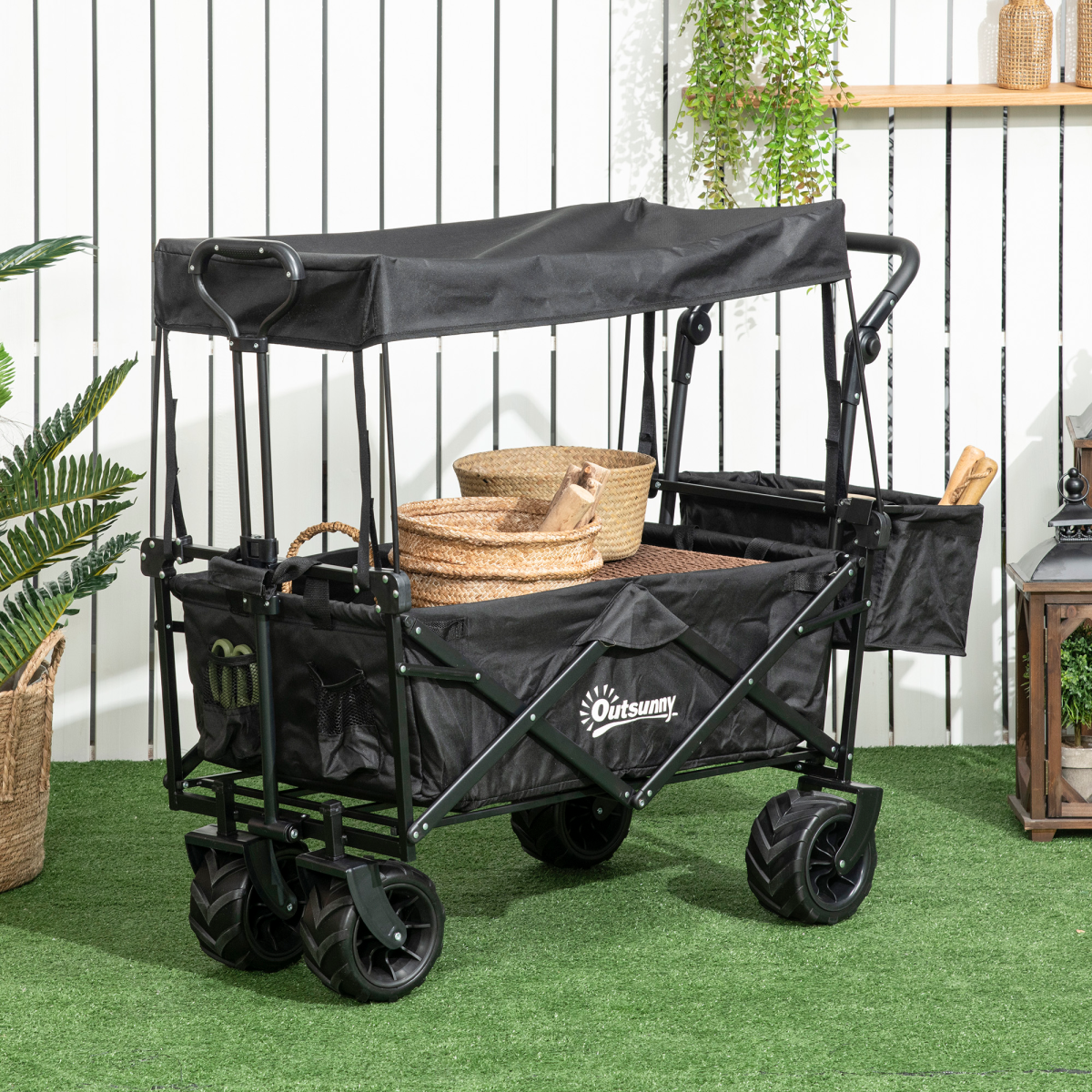 Outsunny Folding Trolley Cart with 4 Wheels, 2 Compartments and Canopy – Garden Storage Wagon, Black