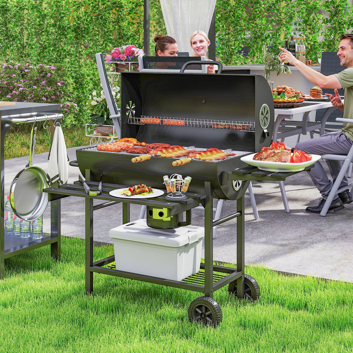 Outsunny Charcoal BBQ Grill with Warming Rack, Thermometer and Foldable Side Tables on Wheels – Garden Barbecue, Black