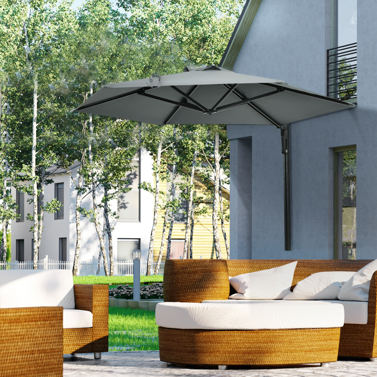 Outsunny Wall-Mounted Parasol with 180° Rotating Canopy & Aluminium Frame – Space-Saving Balcony Shade, Grey