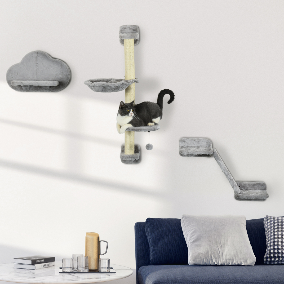 PawHut Cat Wall Furniture with Hammock, Platforms, Ladder and Scratching Post – Wall-Mounted Cat Climbing Set, Grey