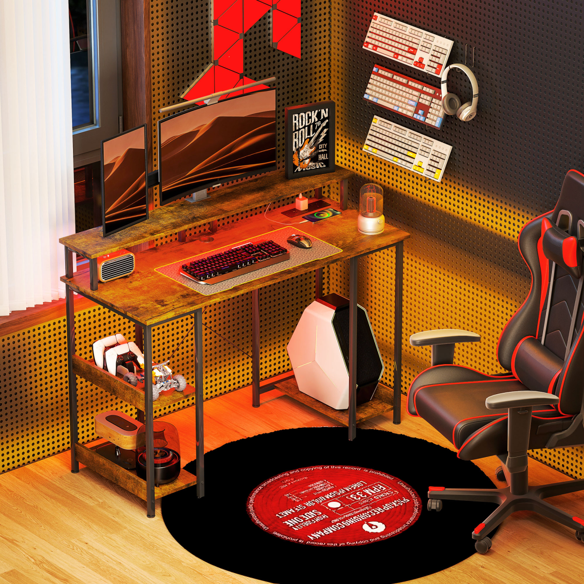 HOMCOM Industrial Gaming Desk with RGB LED Lighting, Charging Station & Monitor Stand – Rustic Brown