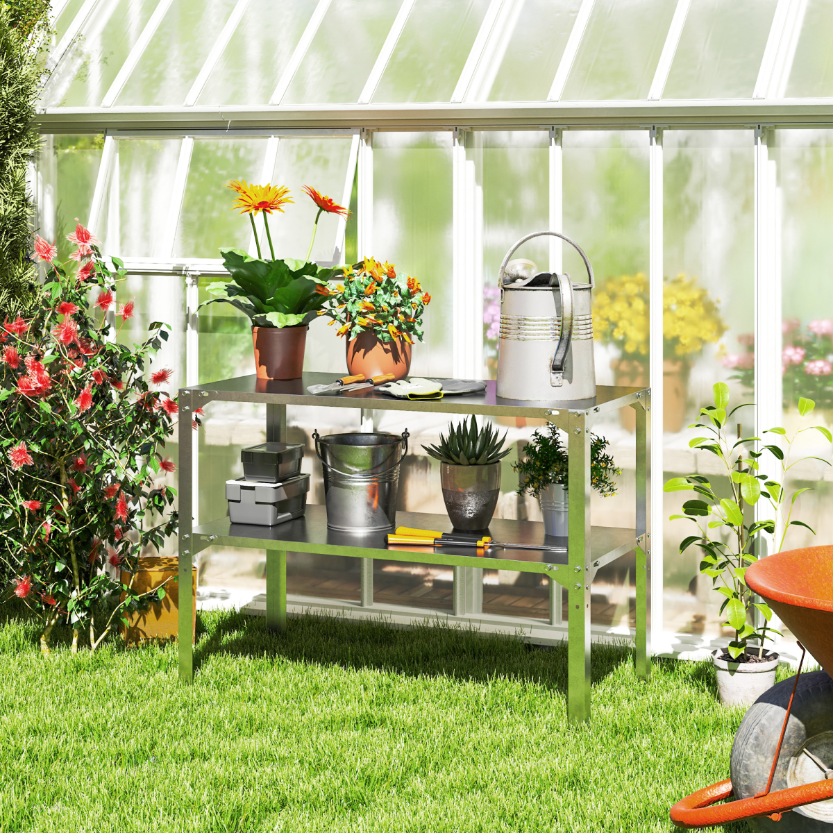 Outsunny 2-Tier Galvanised Steel Potting Bench Table – Garden Work Bench with Storage Shelf, Silver Tone