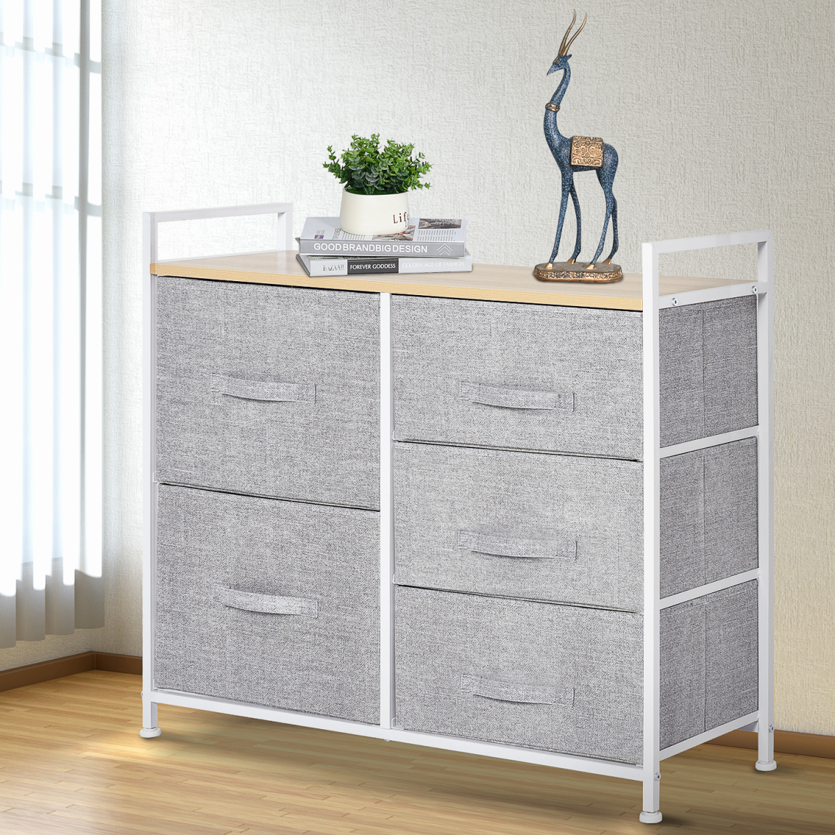 HOMCOM 5 Drawer Fabric Storage Unit with Metal Frame, Wood Top and Adjustable Feet – Bedroom Linen Chest