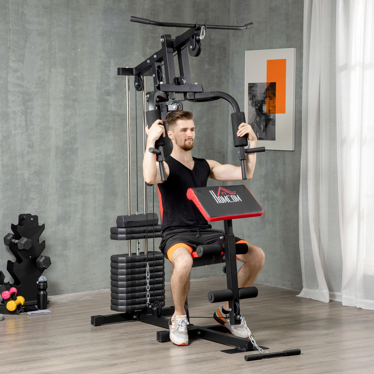 HOMCOM Multi Home Gym Machine with 66kg Weights, Lat Pull Down & Chest Press – Full Body Strength Trainer, Red